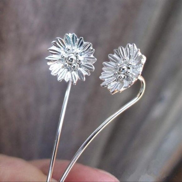 Sunflower Threader Earrings Silver Plated - Picture 3 of 7